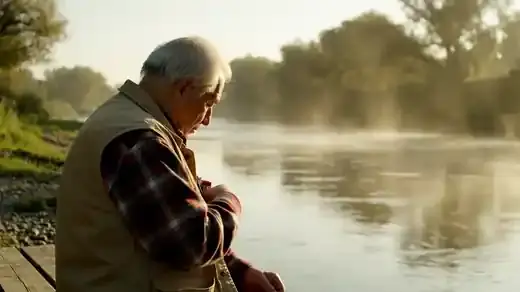 Early morning at a river bend, an older man on a wooden bench chewing a small dark-red square while watching the water