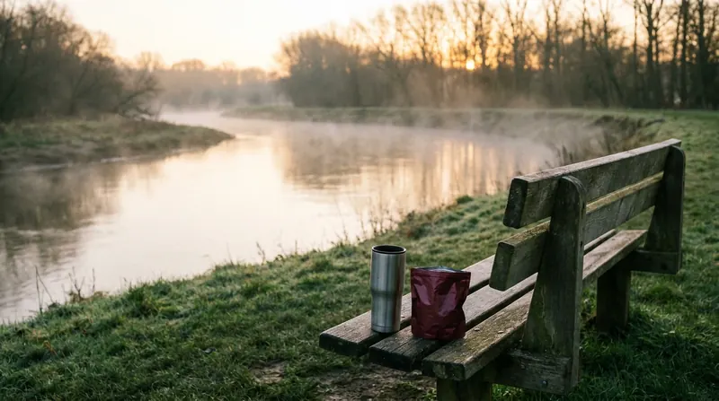 A weathered riverside bench at dawn with a thermos cup and a small dark-red pouch on the seat