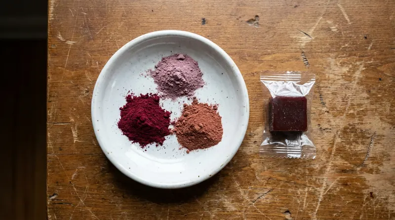Three little heaps of red, mauve and brown plant powder in a white dish beside one wrapped dark-red chew