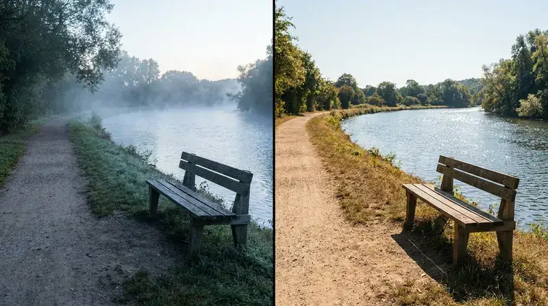 Split view of a riverside path and bench, misty at dawn on the left and in bright sun two hours later on the right