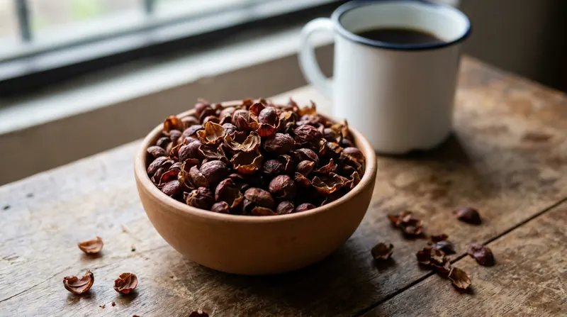 Dried reddish-brown coffee fruit husks in a small ceramic bowl beside a blurred mug of black coffee