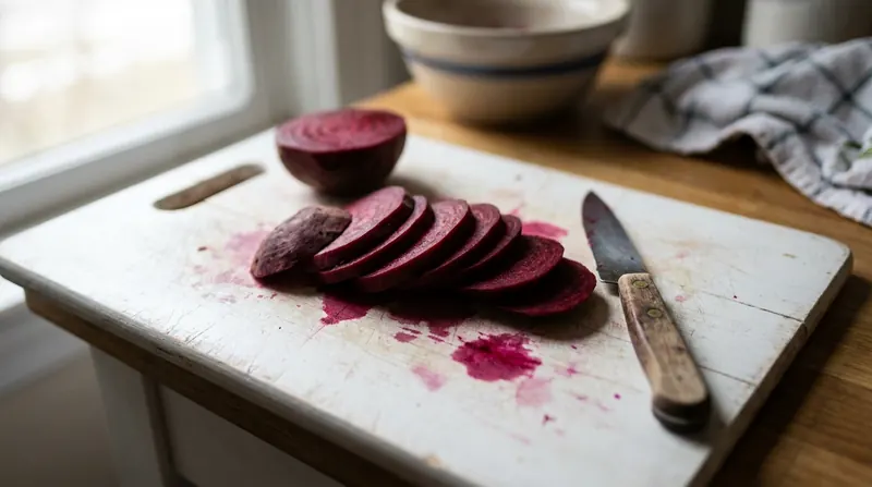 Thin slices of raw beet fanned on a white cutting board, their magenta juice staining the wood