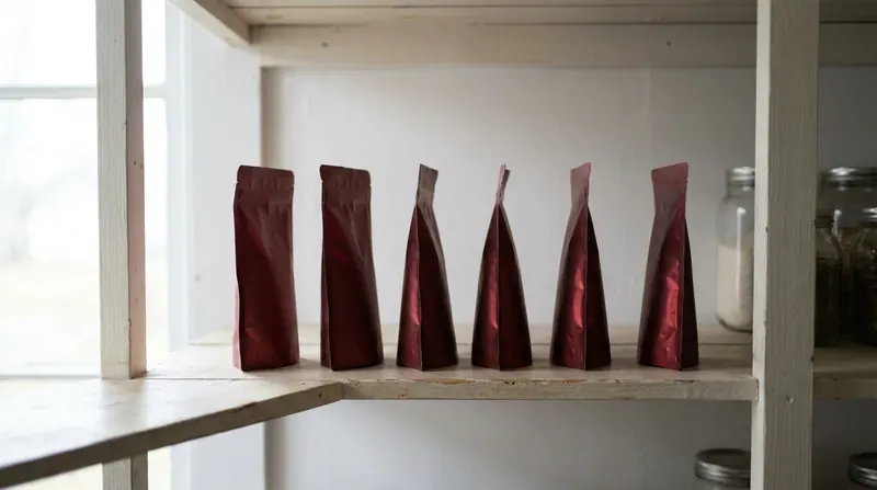 Six small plain dark-red pouches standing in a row on a pale wooden pantry shelf