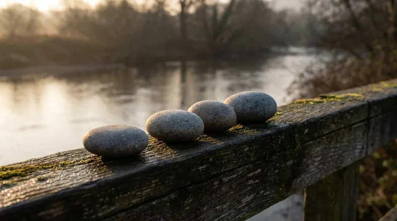 Four smooth river stones laid in a row along a weathered wooden railing above a blurred river at dawn