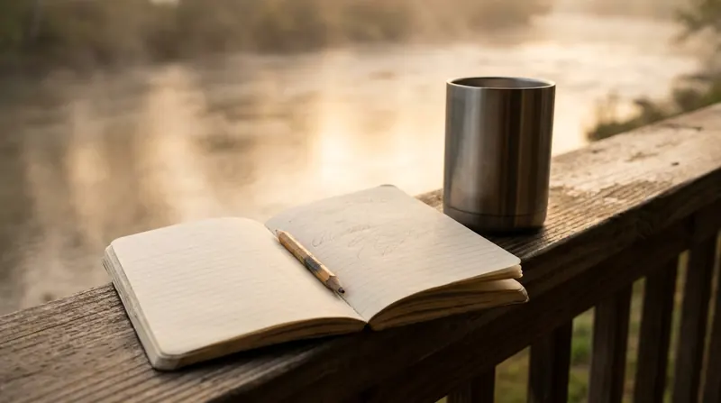 An open pocket notebook with faint pencil marks on a porch railing above the river at dawn