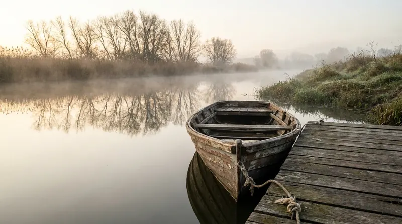 An old wooden rowboat tied to a weathered dock on still water at a river bend in morning mist