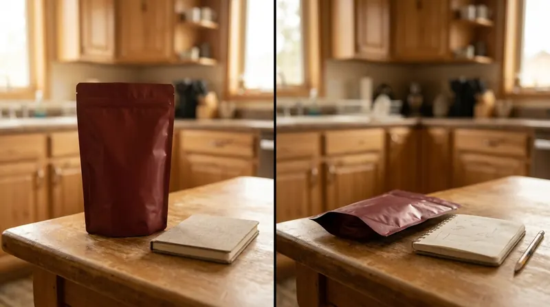Divided picture of one plain pouch, full beside a notebook on the left and folded empty beside it a month later on the right