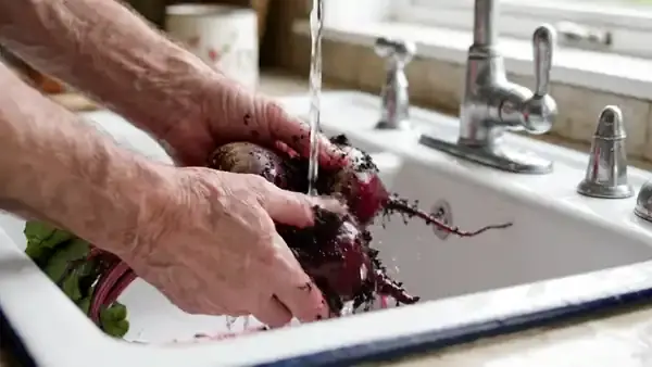 Fresh raw beets scrubbed clean under a thin stream of water in a white enamel sink