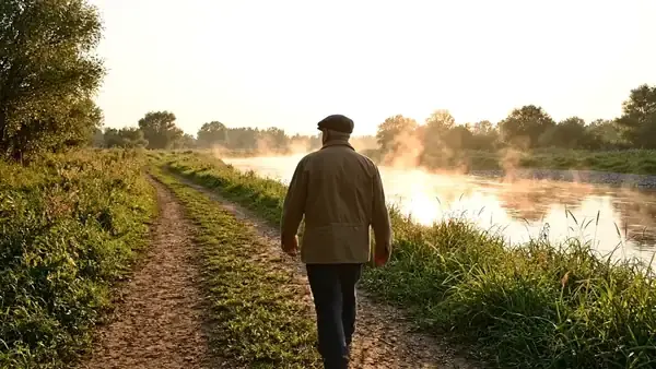 Seen from behind, an older man in a cap walking a dirt path along a misty river bend