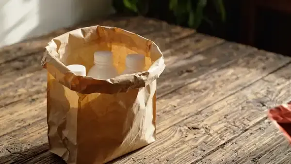 Fingers dropping a small dark-red pouch into a brown paper bag of unlabeled bottles and folding it shut