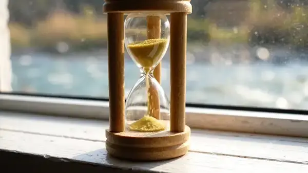 Fine sand trickling through a small wooden hourglass on a windowsill above a blurred river